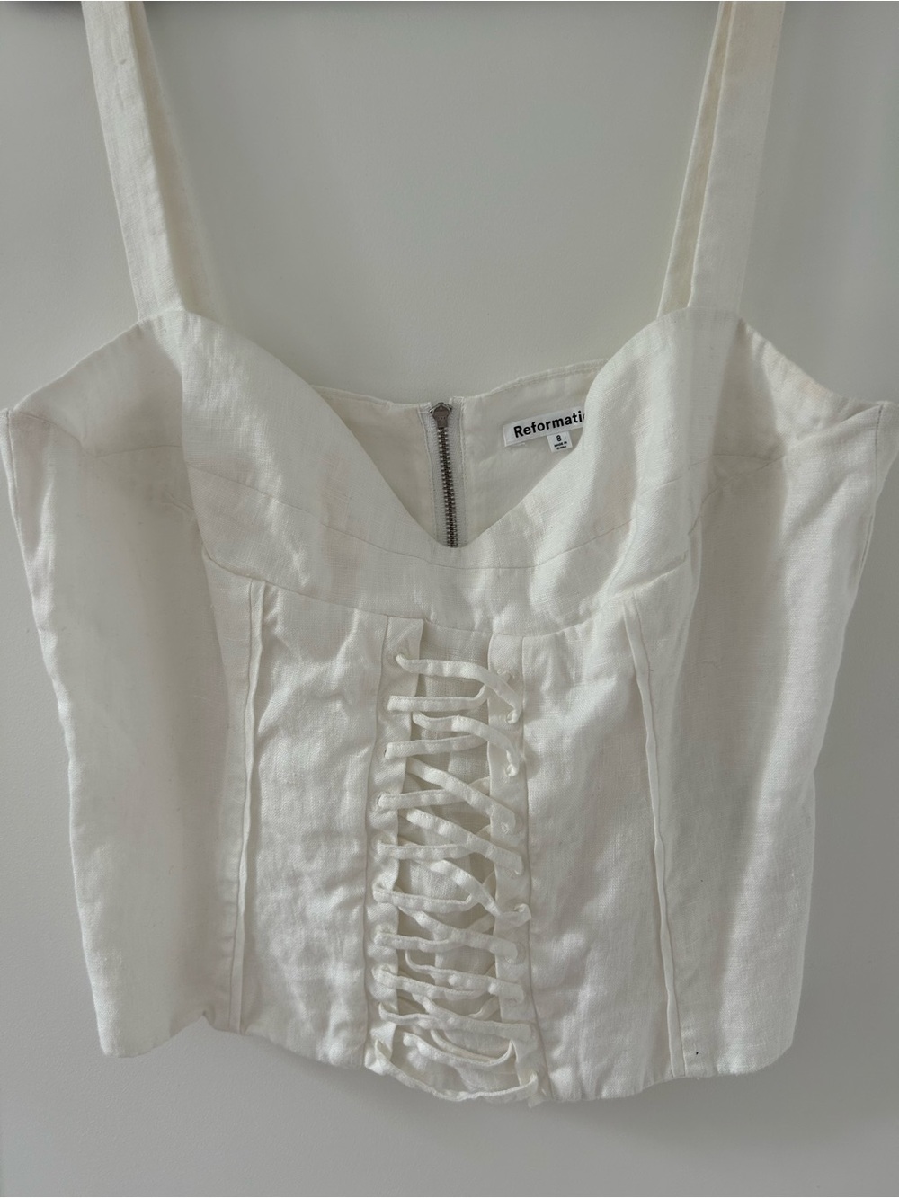 Reformation White Linen-Blend Corset Camisole with Lace-Up Front - Picture 2 of 5
